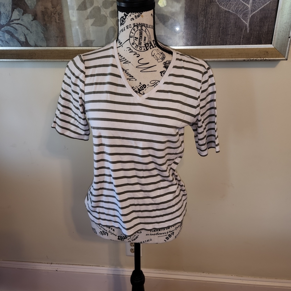 Chico's Green and White Striped V-Neck Tee